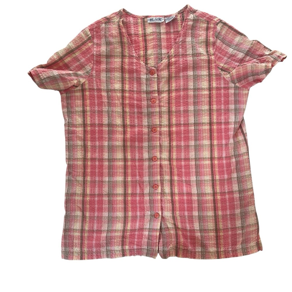 VTG Blair Women's Size L Seersucker Top Pink Green Yellow Plaid 100% Cotton